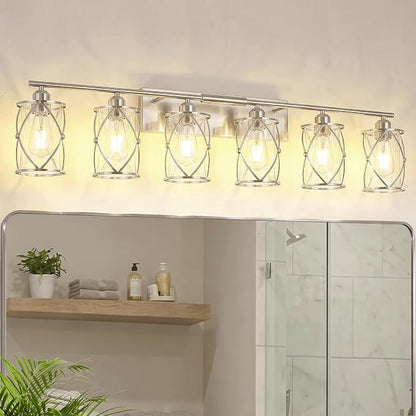 6-Light Brushed Nickel Bathroom Light Fixtures Over Mirror, 42" UL-Listed Modern Wall Sconce Lights with Clear Glass and Metal Cage for Bath, Hardwire E26, CH9176BN-6W