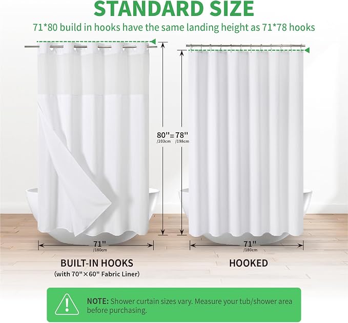 eachope No Hook Linen Texture Shower Curtain with Snap-in Liner,71x80 White | 230GSM Thick Fabric,Hotel Luxury Decor,Mesh Top Window,Magnetic Weighted Hem,Waterproof & Machine Washable,for Bathroom
