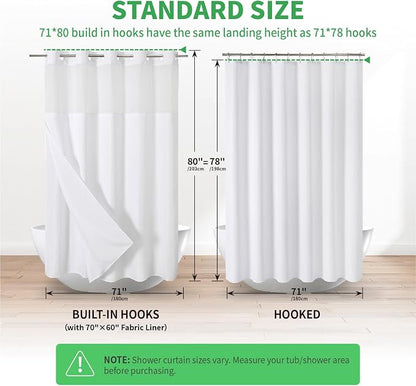 eachope No Hook Linen Texture Shower Curtain with Snap-in Liner,71x80 White | 230GSM Thick Fabric,Hotel Luxury Decor,Mesh Top Window,Magnetic Weighted Hem,Waterproof & Machine Washable,for Bathroom