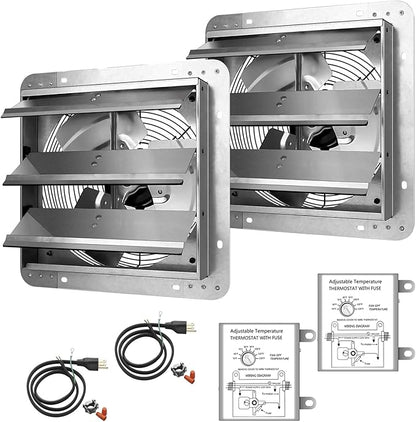 iPower 12 Inch Shutter Exhaust Fan Aluminum High Speed 1620RPM, 1800CFM, Silver, with Adjustable Programmable Thermostat, 2 Pack