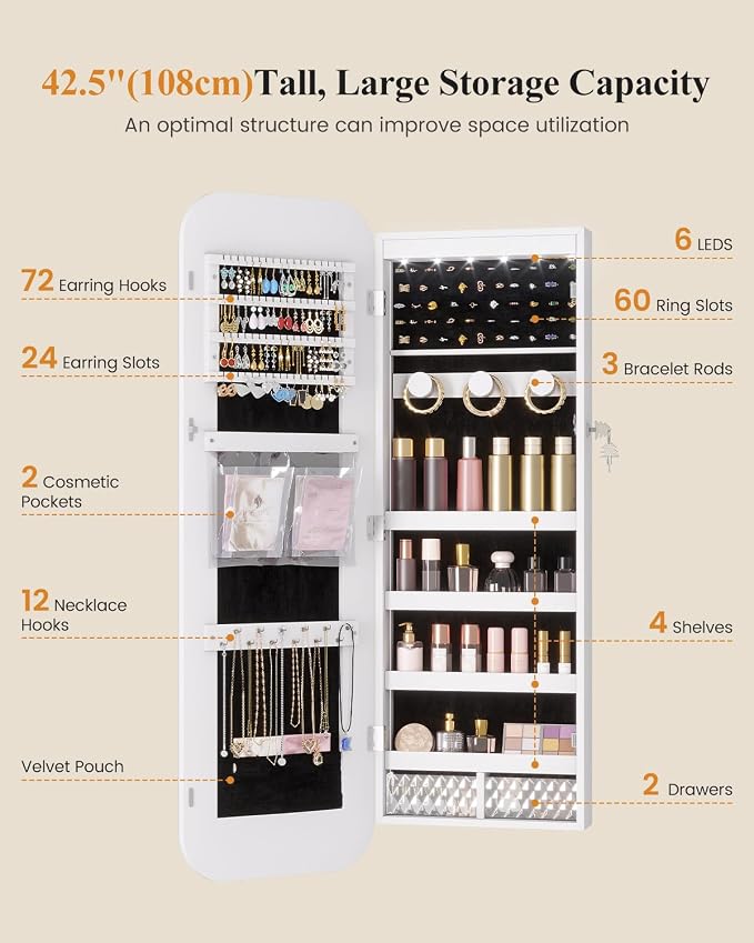 LVSOMT 6 LEDs Mirror Jewelry Cabinet Door Hanging, 42.5", Lockable, White | Jewelry Organizer with Full Length Mirror, Wall Mounted Large Jewelry Storage for Earrings, Rings, Necklaces