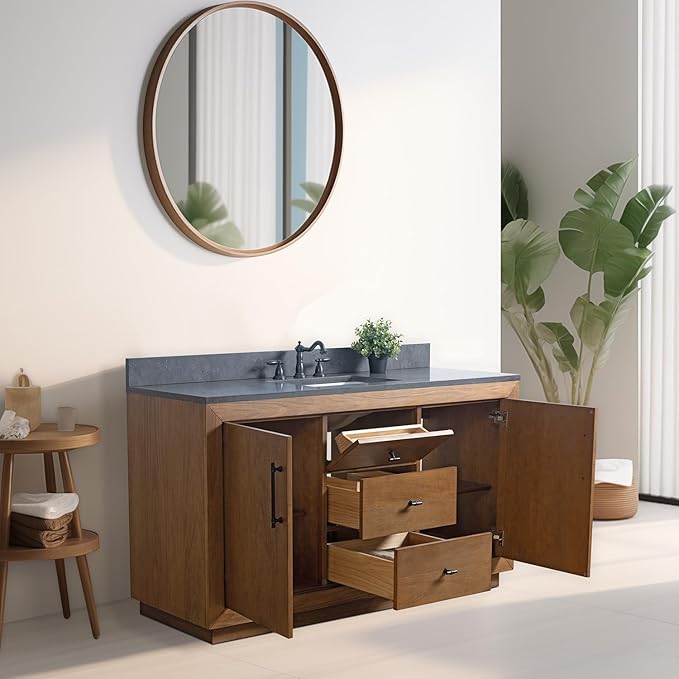 Vanity Art 60" Bathroom Vanity with Sink, Vanity Cabinet with Doors and Shelf, Modern Wood Bathroom Vanity with Black Marble Top, Solid Wood Frame, 3 Functioning Drawers,VA70-60-ST-B