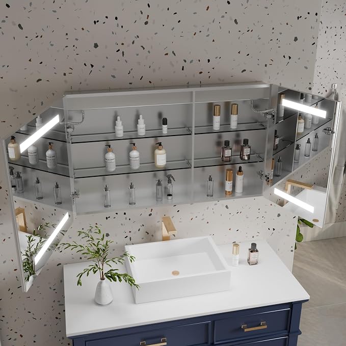 LED Bathroom Medicine Cabinet with Mirror, 24x40 Medicine Cabinet with Lights, Power Failure memor, Dimmable, Defogging, Recessed/Surface, Front&Backlit, Outlets, Dual-Opening