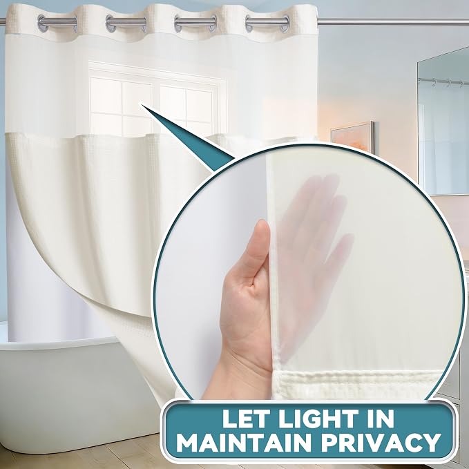 Conbo Mio Extra Long No Hook Waffle Weave Shower Curtain with Snap in Liner Set, Hotel Luxury Beige Shower Curtains for Bathroom with See Through Top Window, Waterproof, Washable 71W x 84H