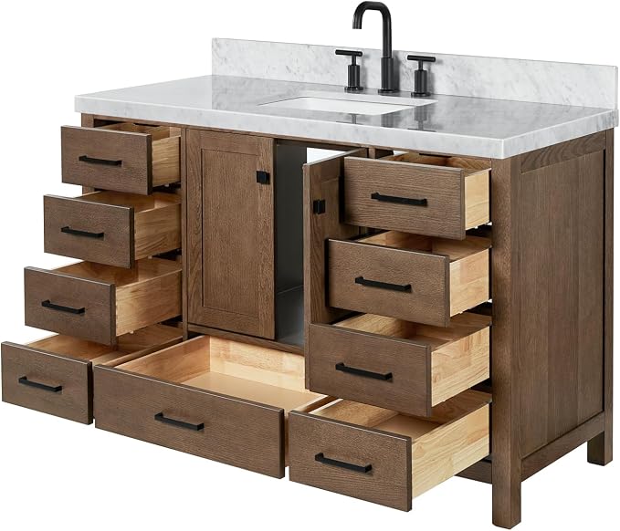DKB Beckford 54-Inch Brown Oak Single Bathroom Vanity with Sink, 1.5-Inch Edge Italian Carrara Marble Countertop & 4" Backsplash, Soft-Closing Doors & Drawers, Solid Oak Wood Construction