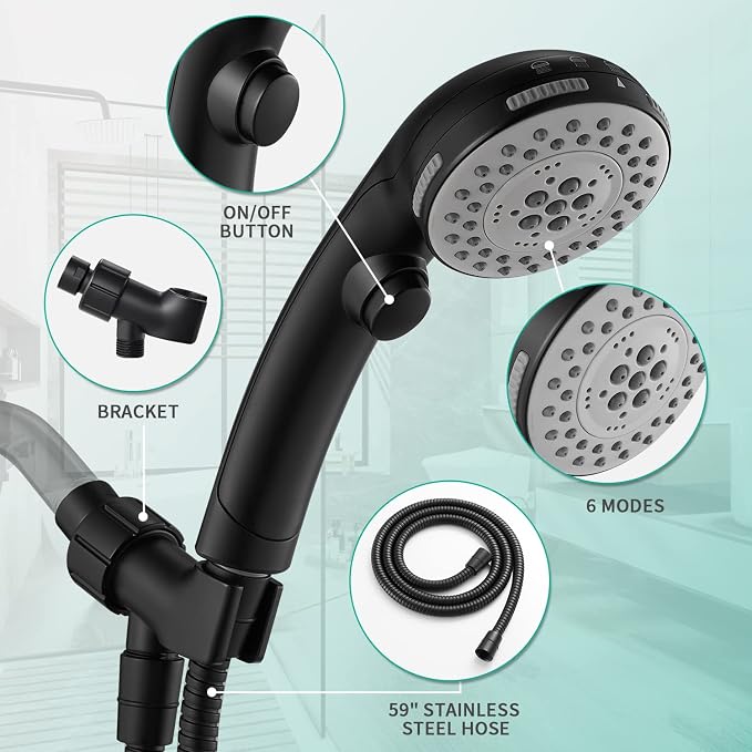 High Pressure 6 Setting Shower Head with Handheld, Shower Heads with ON/OFF Switch and Spa Spray - Matte Black