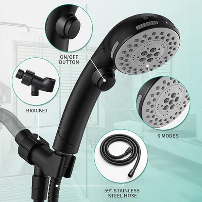High Pressure 6 Setting Shower Head with Handheld, Shower Heads with ON/OFF Switch and Spa Spray - Matte Black