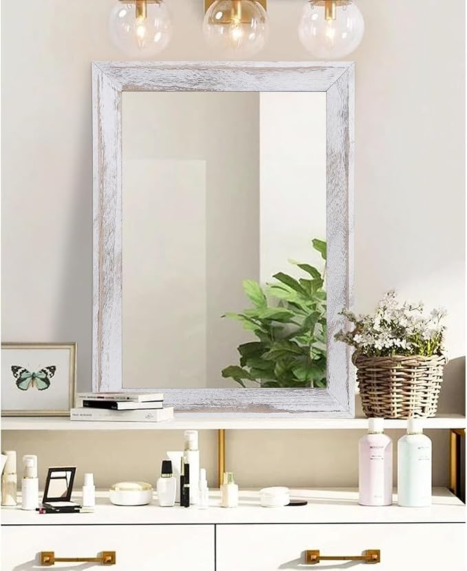 AAZZKANG Mirrors for Wall Rustic Wood Framed Hanging Mirror 28"x20" Decorative for Farmhouse Bedroom Bathroom Living Room Entryway Hallway White