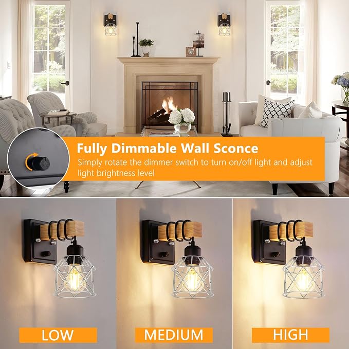 FadimiKoo Wall Sconces Set of Two, Bedside Wood Wall Lamps with Rotary Switch, Black Bathroom Vanity Light with Silver Wire Cage, Rustic Dimmable Sconces Wall Lighting for Living Room, Hallway, Mirror