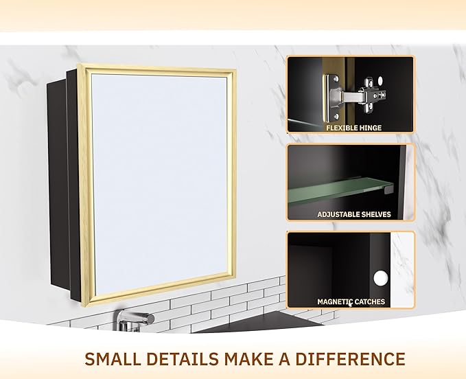 Medicine Cabinet with Mirror Recessed or Surface Mount Farmhouse Style Single Door Mirror Cabinet Square Bathroom Storage, Brushed Gold, 24x24 Inch