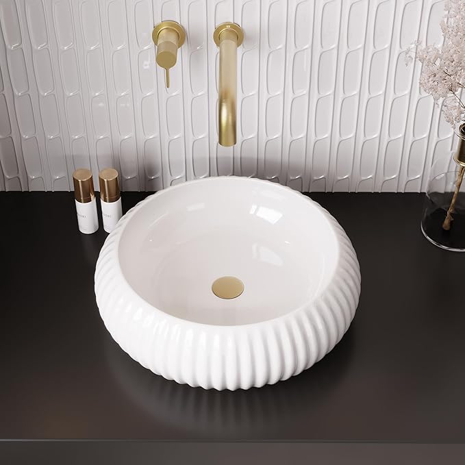 DeerValley 15.7 Inch White Round Ceramic Vessel Sink, Above Counter Porcelain Bathroom Vanity Bowl Art Basin (Without Sink Drain), DV-1V0223