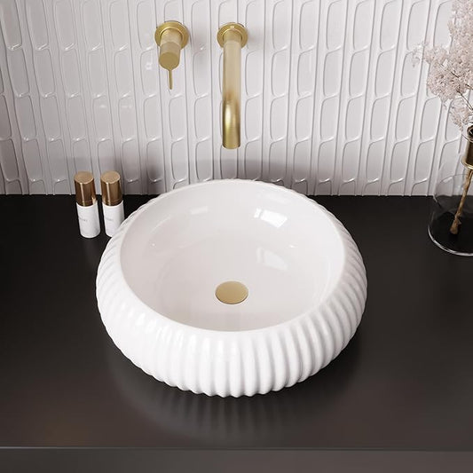 DeerValley 15.7 Inch White Round Ceramic Vessel Sink, Above Counter Porcelain Bathroom Vanity Bowl Art Basin (Without Sink Drain), DV-1V0223