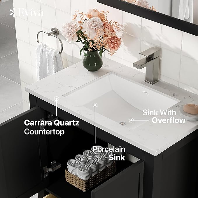 Eviva London 30 Inch Espresso Bathroom Vanity with Carrara Quartz Top