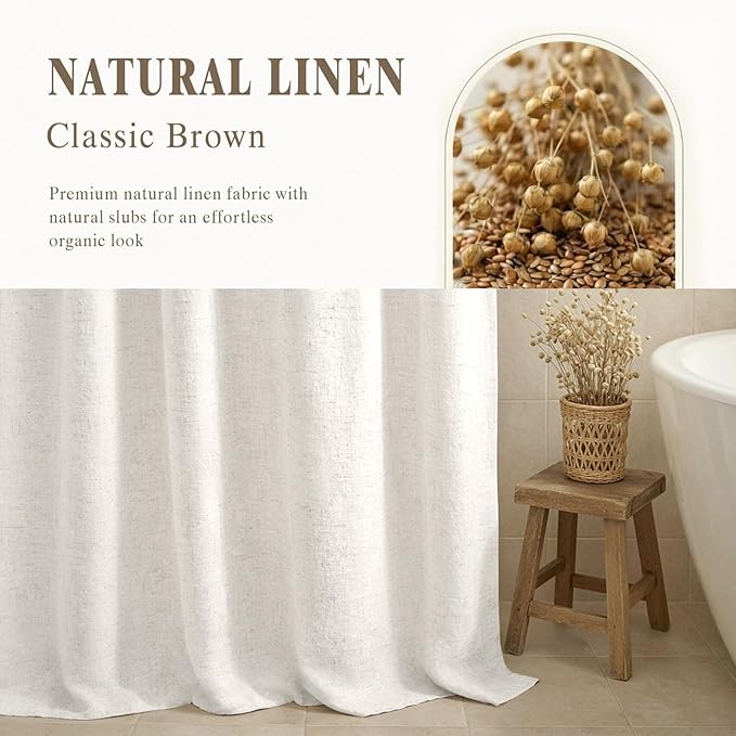 Linen Shower Curtain Ivory White, Fabric Boho Farmhouse Shower Curtains for Bathroom Cotton Natural Cloth Liner Set 72" W x 72" L