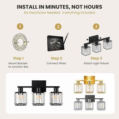 Crystal Bathroom Light Fixtures, 3-Light Matte Black, Vanity Lights for Bathroom Over Mirror, Modern Bath Wall Sconce for Mirror Bedroom Living Room