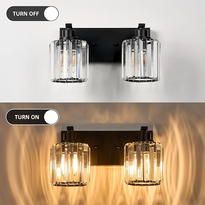 2 Lights Crystal Bathroom Vanity Light Modern Black Bathroom Light Fixture Over Mirror Vanity Lights for Bedroom,Restroom,Hallway E26 Base