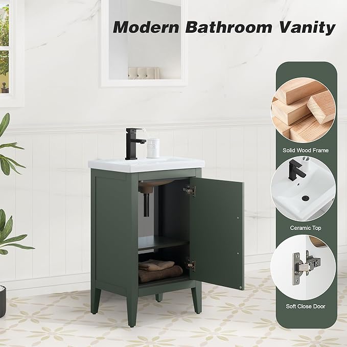HomeBeyond 20 Inch Bathroom Vanity with Sink & Ceramic Top, Single Vanity Cabinet with Basin, Soft-Closing Doors & Matte Black Hardware, Vintage Green