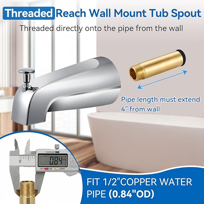 Dreyoo 5 1/4 Inch Bathroom Tub Spout Compatible with Westbrass E531D-1F-62, Fits Wall Front Mount Tub Spout with Shower Diverter 1/2'' IPS Inside Thread Bathtub Faucet (Chrome)