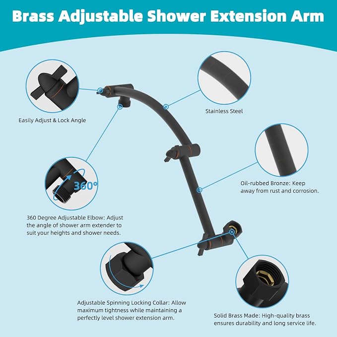 Hibbent Rain Shower Head, 13'' High Pressure Rainfall 5 Spray Mode Showerhead with 16" Shower Head Extension Arm, Brass Adjustable Shower Arm Extender, Waterfall fixed Showerheads, Oil Rubbed Bronze