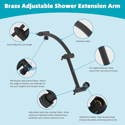Hibbent Rain Shower Head, 13'' High Pressure Rainfall 5 Spray Mode Showerhead with 16" Shower Head Extension Arm, Brass Adjustable Shower Arm Extender, Waterfall fixed Showerheads, Oil Rubbed Bronze