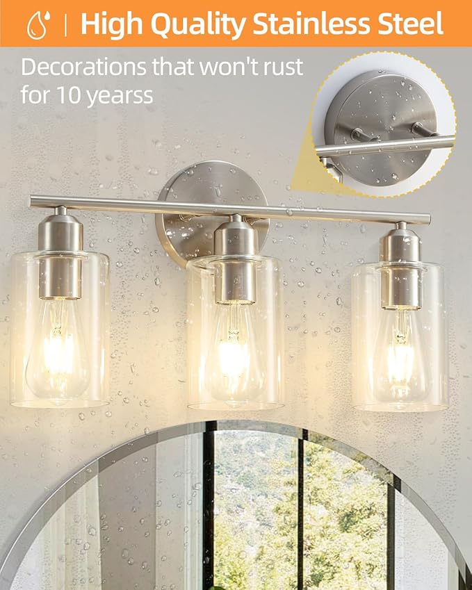 3-Light Bathroom Light Fixtures, Brushed Nickel Bathroom Vanity Lights, Bathroom Lighting Fixtures Over Mirror with Clear Glass Shade, Wall Sconce Light for Bedroom, Living Room and Hallway