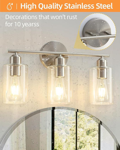 3-Light Bathroom Light Fixtures, Brushed Nickel Bathroom Vanity Lights, Bathroom Lighting Fixtures Over Mirror with Clear Glass Shade, Wall Sconce Light for Bedroom, Living Room and Hallway