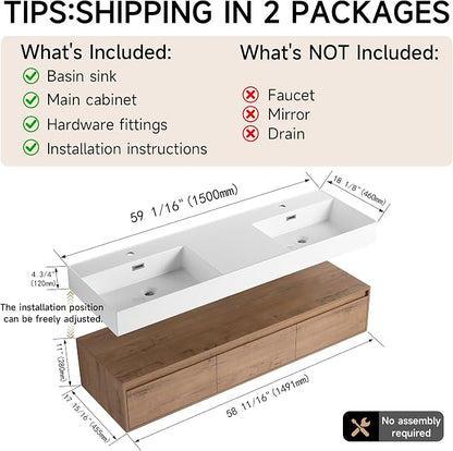 60 Inch Floating Bathroom Vanity with Double Sink, Modern Wall-Mounted Bathroom Cabinet with Resin Sink & Soft Close Drawer, Split-Level Layout (Nature Oak, 60" Double Sink)