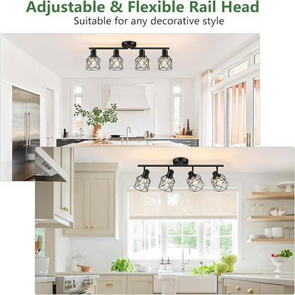 4-Lights Semi Flush Mount Ceiling Light, Adjustable Multi-Directional Light Fixtures, Rotatable Farmhouse Light Fixtures Mount with Metal Cage for Dining Room, Living Room