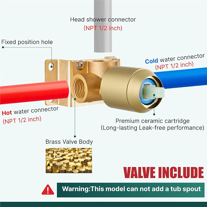 Heyalan 8-Inch Round Rain Shower Faucet Set with Valve,Brushed Gold | SUS304 stainless steel shower head, brass rough-in valve, single-handle control, 1.8 GPM, ideal for bathroom remodels