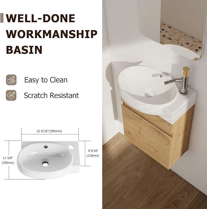 16 Inch Wall Mount Vanity w/Sink Combo for Small Space, Round Single Ceramic Sink Modern Bathroom Vanity Cabinet