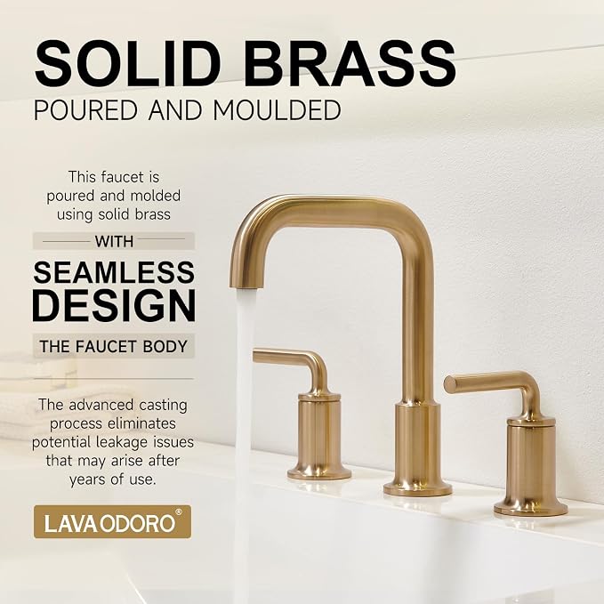 Champagne Gold Bathroom Faucet, Solid Brass Bathroom Faucet | 8 inch Widespread Bathroom Faucet 3 Hole with Drain Assembly Supply Line, Lead-Free Bronze Gold Vanity Faucet BF503-CB