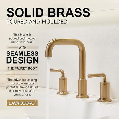 Champagne Gold Bathroom Faucet, Solid Brass Bathroom Faucet | 8 inch Widespread Bathroom Faucet 3 Hole with Drain Assembly Supply Line, Lead-Free Bronze Gold Vanity Faucet BF503-CB