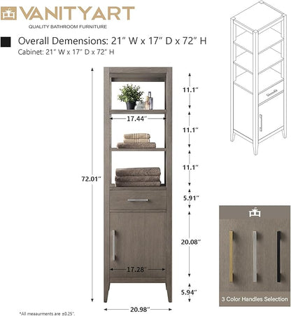 Vanity Art 21" Bathroom Vanity with Storage Cabinet & Shelves, Storage Cabinet with Soft-Closing Doors, VA90-LC-DG-BN1