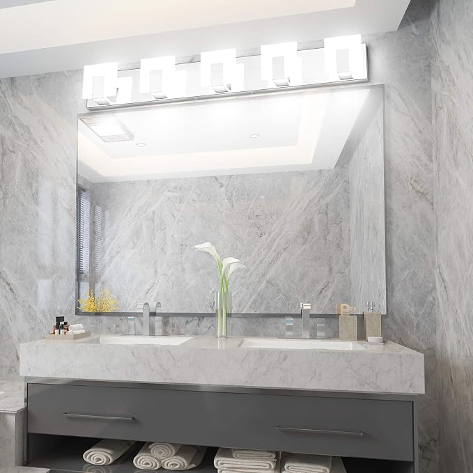 Aipsun 5 Lights Modern LED Bathroom Vanity Light Acrylic Stainless Steel Chrome Up and Down Bathroom Wall Light Over Mirror(White Light 6000K)