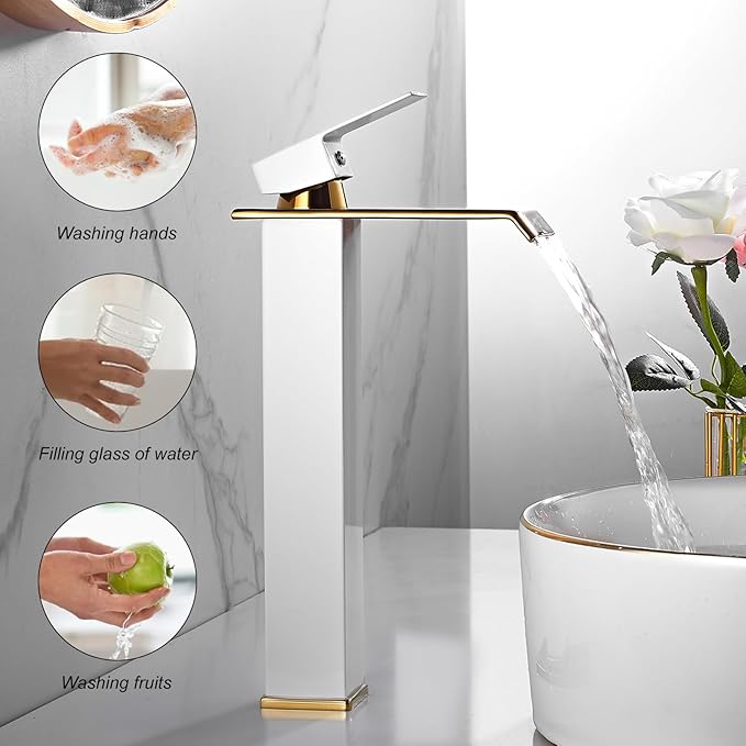 White Gold Faucet Bathroom Vessel Sink Golden Waterfall Spout Faucet Single Handle Bowl Sink Faucet Modern Single Hole Basin Vanity Tall Bathroom Sink Faucet with Pop Up Drain Stopper Supply Hose