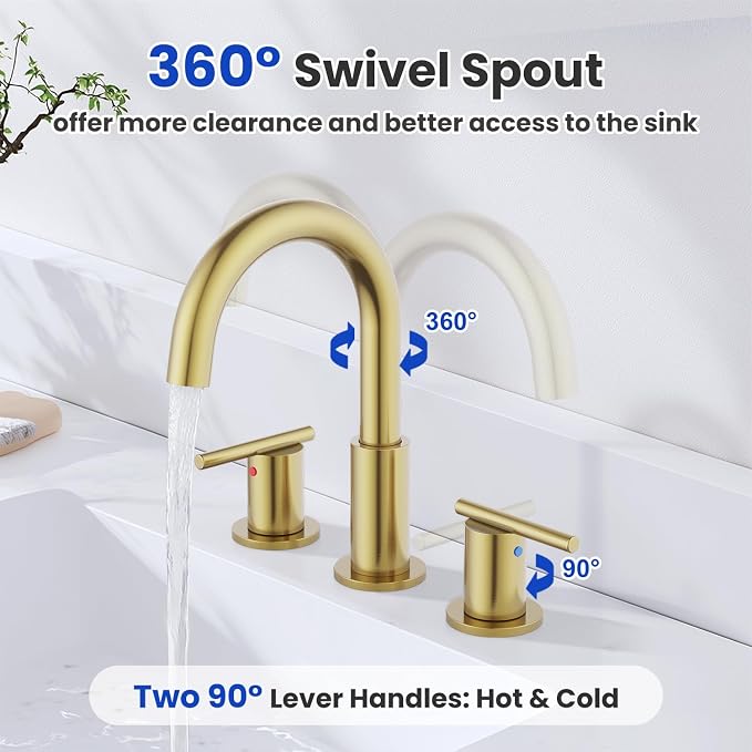Bathroom Faucets for 3 Hole Sinks, Hurran 8 Inch Brushed Gold Double Handle Bathroom Sink Faucet with 360° Rotating Spout & Pop-Up Drain, Widespread Faucet Suitable for Vanity, RV & Outdoor Sinks