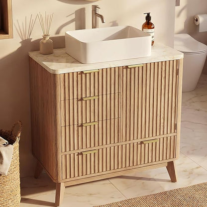 Concho 31'' Fluted Bathroom Vanity with Ceramic Sink, Modern Bathroom Sink Storage Cabinet with Wood Marble Top & 4 Spacious Drawers, Freestanding Bathroom Vanity Cabinet, Natural Oak