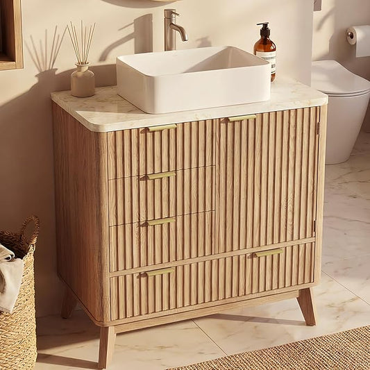 Concho 31'' Fluted Bathroom Vanity with Ceramic Sink, Modern Bathroom Sink Storage Cabinet with Wood Marble Top & 4 Spacious Drawers, Freestanding Bathroom Vanity Cabinet, Natural Oak