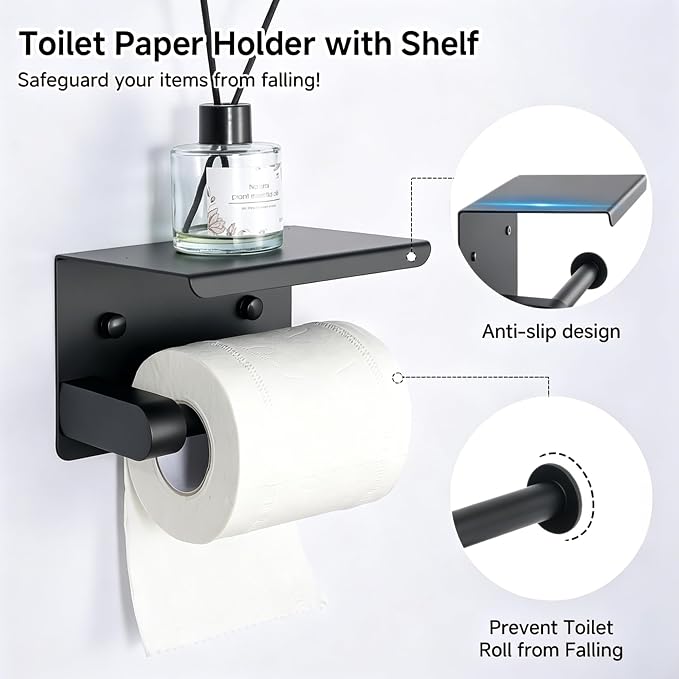 7-Piece Bathroom Hardware Accessories Set, SUS304 Towel Bar, Black | 25.9-Inch Towel Rack, Oval Towel Ring, Toilet Paper Holder with Shelf & 4 Robe Towel Hooks, Wall-Mounted Towel Holder Set