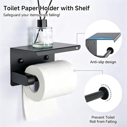 7-Piece Bathroom Hardware Accessories Set, SUS304 Towel Bar, Black | 25.9-Inch Towel Rack, Oval Towel Ring, Toilet Paper Holder with Shelf & 4 Robe Towel Hooks, Wall-Mounted Towel Holder Set