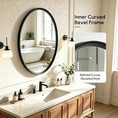 Black Oval Bathroom Mirror 24x36 Inch | Vanity Wall Mirror, Crystal-Clear HD Glass, Rust-Proof Aluminum Frame, Inner-Curved Decor for Bedroom, Entryway Renovation