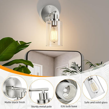 GORDNWE Bathroom Wall Sconce Set of 2, Brushed Nickel Vanity Light Fixtures | E26 Bulb Base, Clear Glass Shade, Modern, Mirror, Bedroom, Lamp, Wall Mount Light Fixtures