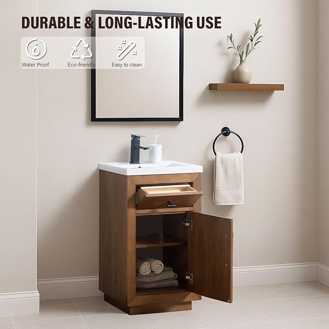HOMEBEYOND 20" Bathroom Vanity with Single Sink & Ceramic Top, MDF Material Vanity Cabinet with Basin Combo, Soft-Closing Doors, Removable Shelf, Backsplash, Tan