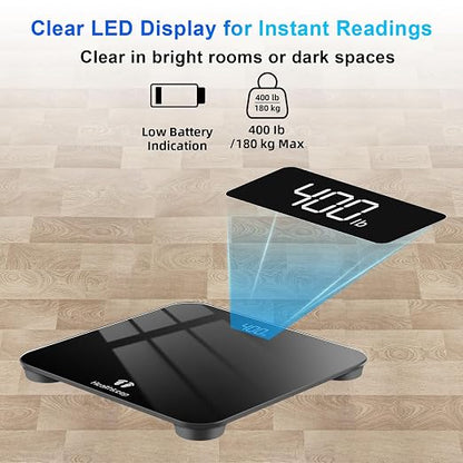 Digital Bathroom Scale for Body Weight: High-Precision 4-Sensor Accuracy, LED Display, 400lb/180kg Capacity, Safe Rounded Corners, Batteries Included