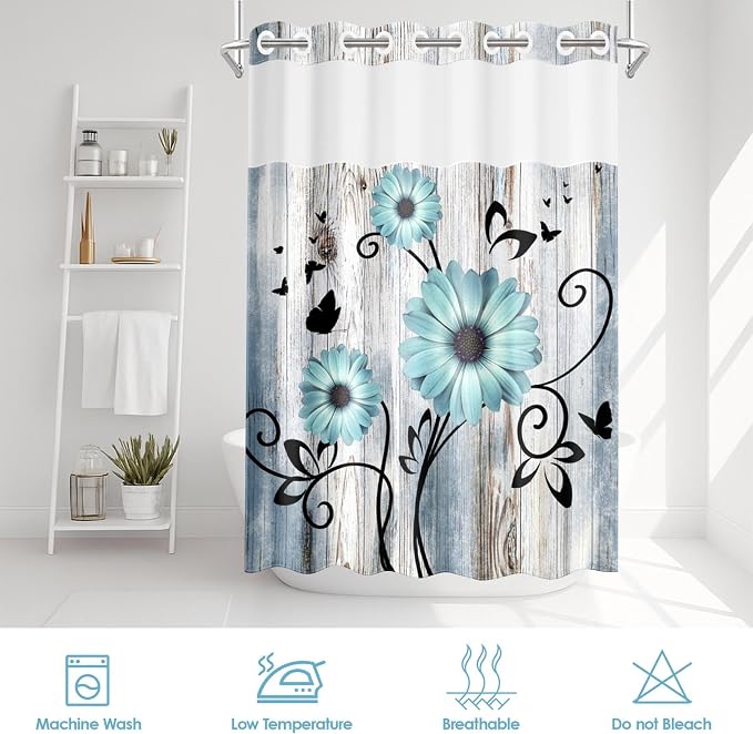 No Hook Shower Curtain with Snap in Liner 71x74 Inch Flower Teal | Rustic Daisy Farmhouse Modern Double Layers Waterproof Fabric with See Through Top Window Open Grommet Bath Curtain