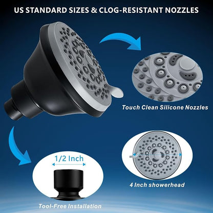 High Pressure Shower Head - 5 Spray Modes Powerful Pressure Boosting Showerhead For Bathroom - Perfect Universal Replacement for Rain Shower Heads(Matte Black)