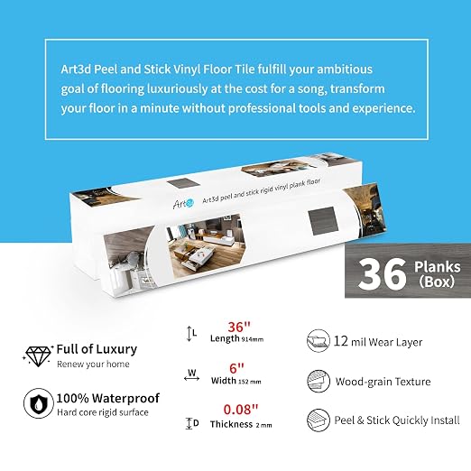 Art3d 36-Pack Wood Texture Peel and Stick Vinyl Flooring Tiles, Light Grey | 18 & 54 sq.ft Options, Rigid Surface Hard Core, Waterproof, Self-Adhesive, Impact Resistant, Fit Indoor Household Spaces
