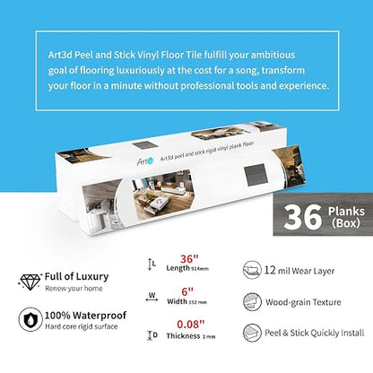 Art3d 36-Pack Wood Texture Peel and Stick Vinyl Flooring Tiles, Light Grey | 18 & 54 sq.ft Options, Rigid Surface Hard Core, Waterproof, Self-Adhesive, Impact Resistant, Fit Indoor Household Spaces
