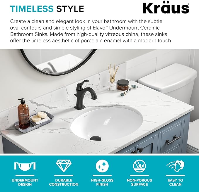 KRAUS Elavo 19.25 in. Oval Porcelain Ceramic Undermount Bathroom Sink in White with Overflow Drain, KCU-272