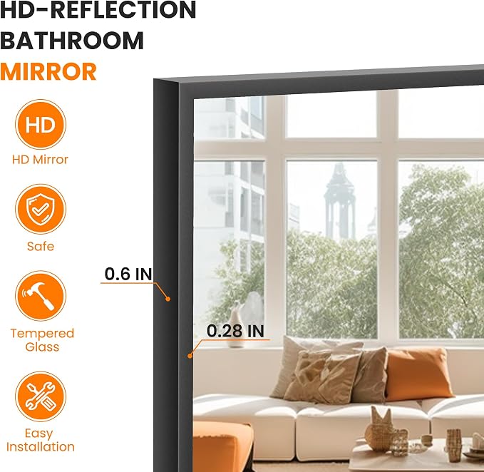 Bathroom Vanity Mirror for Wall, 30"x40" Bathroom Mirror for Over Sink | HD Shatterproof Glass, Rectangular Metal Frame, Horizontally or Vertically, Mirror for Bathroom, Living Room, Entryway(Black)
